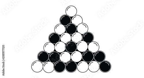 Abstract black and white illustration depicting a pyramid formation of spheres, alternating in black and white, creating a visually striking geometric pattern and sense of balance.