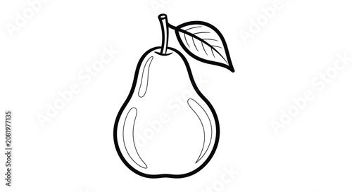 Minimalist black and white line art illustration of a pear with a single leaf, capturing its quintessential shape with simple, clean outlines, ideal for modern graphic design and easy recognition.