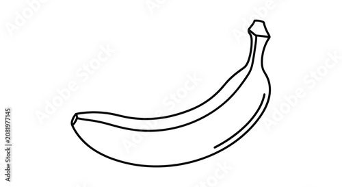 Minimalist black and white line art illustration of a banana, capturing its classic curved shape with simple, clean outlines, ideal for modern graphic design and easy recognition.