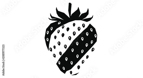 Modern black and white abstract illustration of a strawberry, rendered in a low-poly geometric style with contrasting black and white stripes and patterned seeds, creating a dynamic visual.