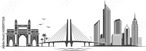 Mumbai Modern Skyline Vector with Gateway of India, Sea Link and Business District