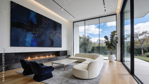 Bright luxury modern living room interior with a large dark painting.