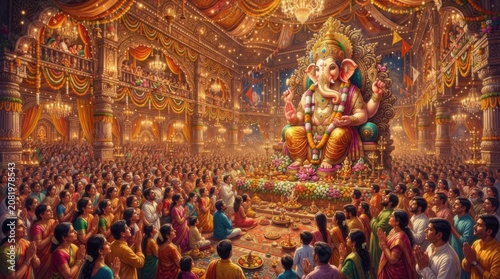 Large crowd of devotees gathered at a grand Ganesh Chaturthi festival pandal