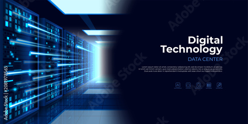 Abstract data center concept. Vector illustration of technology server racks and dynamic glowing beams. Digital data center. Futuristic technology background. Modern Big Data storage visualization.