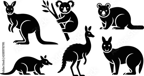 Photography Black silhouettes of various Australian animals on white background  kangaroo ko