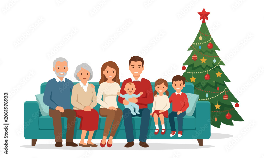 Fototapeta premium Family sitting on couch with decorated Christmas tree illustration
