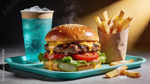 Gourmet cheeseburger with french fries and cold soda on a tray.