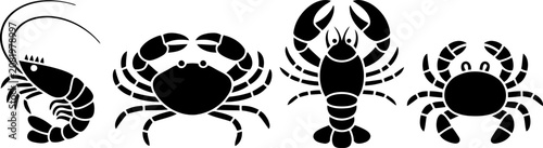 Photos Black silhouettes of various crustaceans on white background  lobster crab shrim