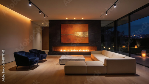 Luxury modern living room interior with fireplace and abstract painting.