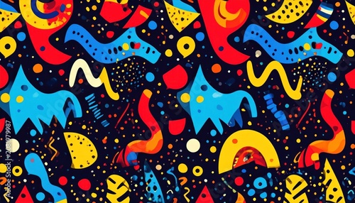 Playful abstract pattern with yellow and blue organic shapes.