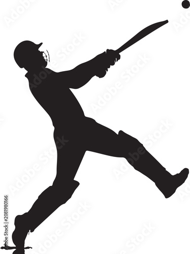Cricket player silhouette, black sports icon, athletic motion, vector illustration