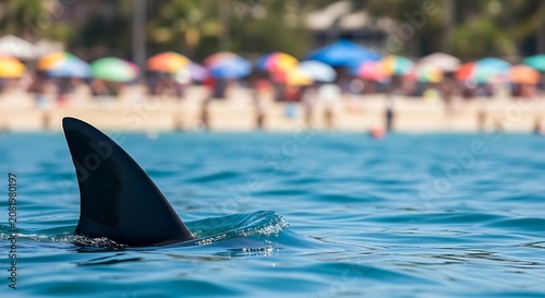 A shark fin breaks the surface of calm blue water with a blurred beach background