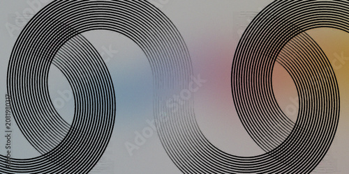 Photos Minimalist graphic design with curved black lines forming an endless loop pattern set against a soft colorful gradient backdrop