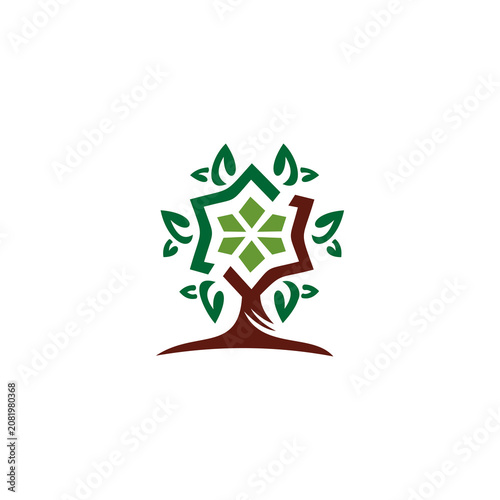 A stylized, modern vector illustration of a tree where the crown incorporates a geometric, star-like or hexagonal pattern, representing nature, growth, and structured sustainability.