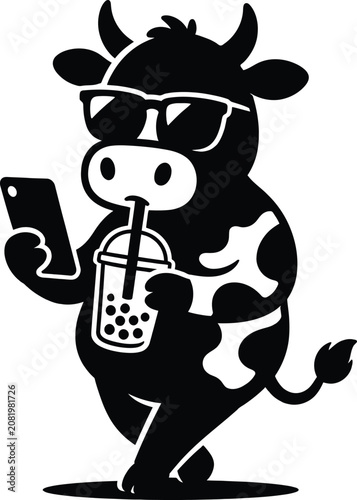 Cool cow wearing sunglasses drinking bubble tea while looking at a smartphone screen