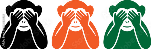 Canvas Print Three colorful monkeys covering their faces with hands in a symbolic gesture