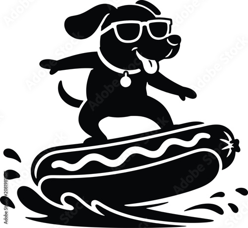 Photography Cool dog wearing sunglasses surfing on a giant hot dog bun illustration