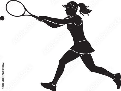 Tennis player silhouette, woman playing tennis, black sport illustration, vector athletic graphic