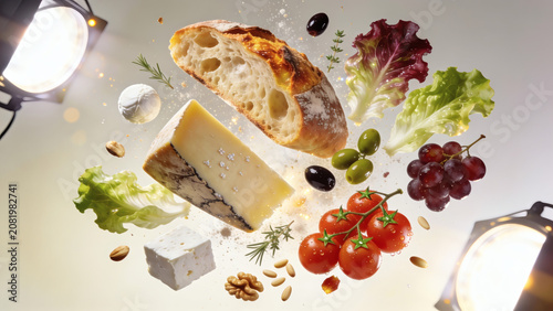 Fresh Mediterranean ingredients floating in the air with studio lights.