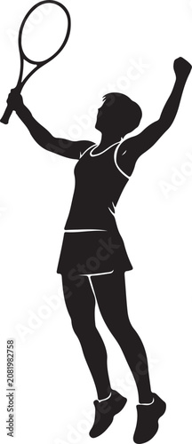 Tennis player silhouette, woman serving, black and white vector, sports illustration, athletic pose