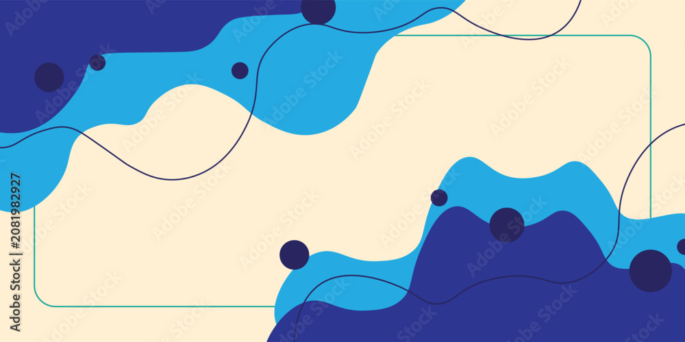Obraz premium Abstract fluid background with blue liquid wavy shapes, circles and thin line frame. Modern organic dynamic backdrop design vector illustration.