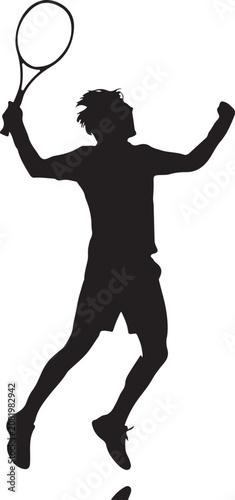 Tennis player silhouette, black sports icon, athletic jump serve, racket vector