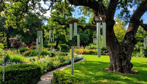 Serene Garden Oasis with Hanging Wind Chimes
