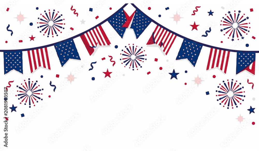 Obraz premium USA Patriotic Bunting Flag Garland with Confetti Stars and Sparks for Independence Day Memorial Day and Labor Day Vector