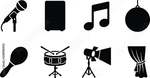 Obraz na plátně Black Music and Stage Performance Icon Set for Live Concert Entertainment Graphi