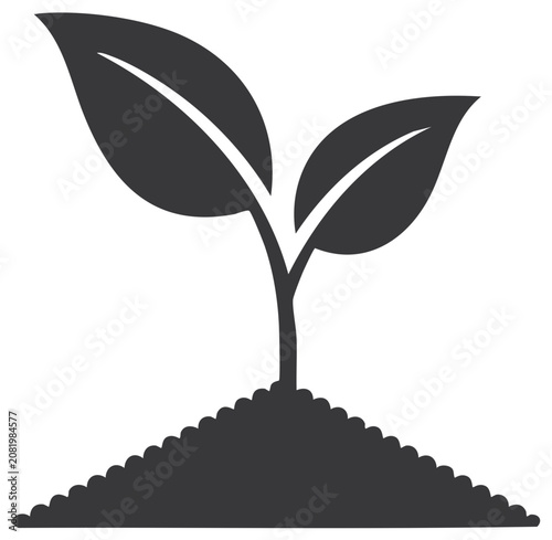 Growing plant seedling sprout with two fresh leaves emerging from dark soil mound icon