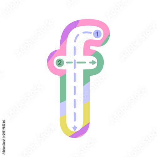 Colorful lowercase letter f tracing worksheet designed for preschool and kindergarten children. Fun alphabet handwriting practice with directional path, perfect for early education, worksheets