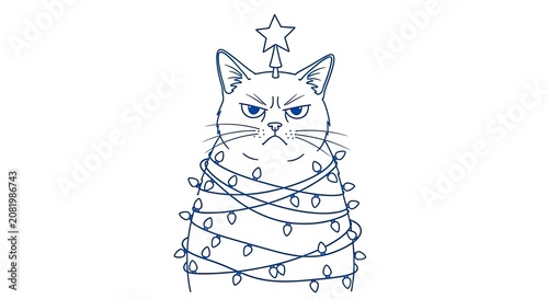Angry cat wrapped in festive Christmas lights line art.