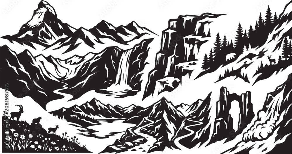 Fototapeta premium Black and white landscape featuring the matterhorn peak, a cascading waterfall, pine forests, alpine meadows with wildflowers, a winding river, and silhouettes of mountain goats