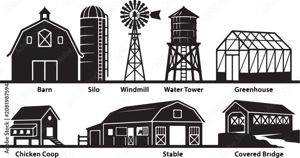 Fototapeta premium Black and white silhouette of rural farm structures including a barn, silo, windmill, water tower, greenhouse, chicken coop, horse stable, and a covered bridge on a white background
