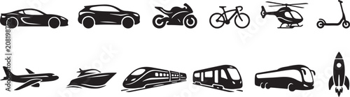 Foto A collection of black silhouette representing various modes of transportation, i