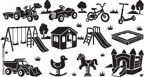 Fotografie Black and white set of children playground equipment, including a tractor, pedal