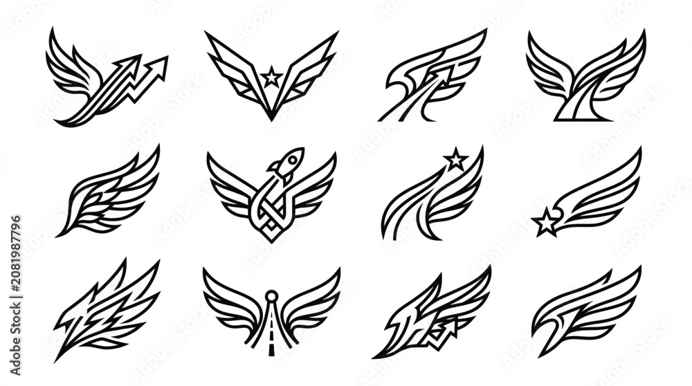Fototapeta premium Collection of Wing Icons: Abstract Designs for Logos, Emblems, and Symbols