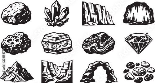 Tableau sur toile Set of black and white geological featuring rocks, crystals, fossils, mountains,