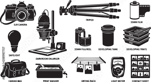 Fotografie Set of black and white representing traditional analog equipment, including an s