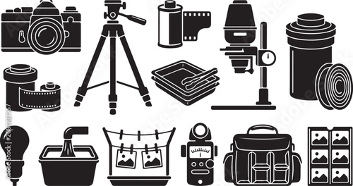 Konstfotografi Set of black silhouette representing analog equipment, including a camera, tripo