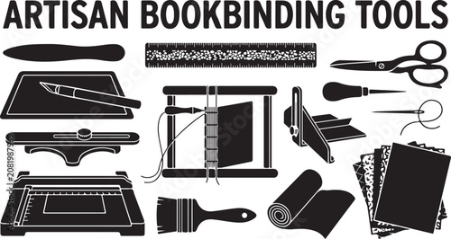 Tableau sur toile Set of black silhouette representing artisan bookbinding tools, including a sewi