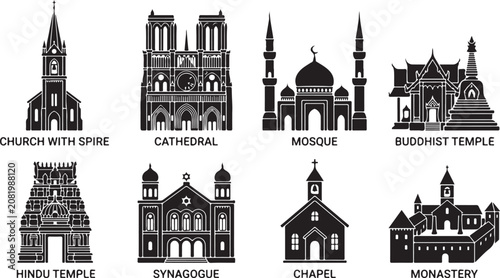 Schilderij op canvas Set of eight black silhouette representing global religious buildings, including
