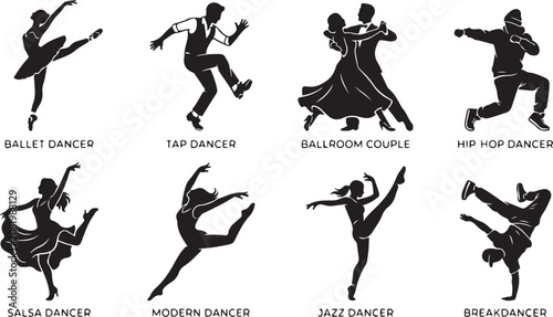 Photography Set of eight black silhouettes depicting various dance styles including ballet,