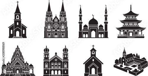 Foto Set of eight black silhouette representing various religious buildings, includin