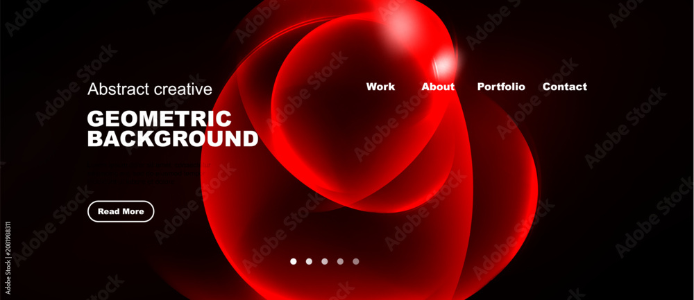 Naklejka premium Dark background features vibrant red geometric shapes. Text includes website navigation options, plus read more button. Modern design.