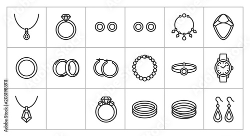 Simple line art icons of jewelry set featuring rings pendants earrings watches and chains for fashion design works.
