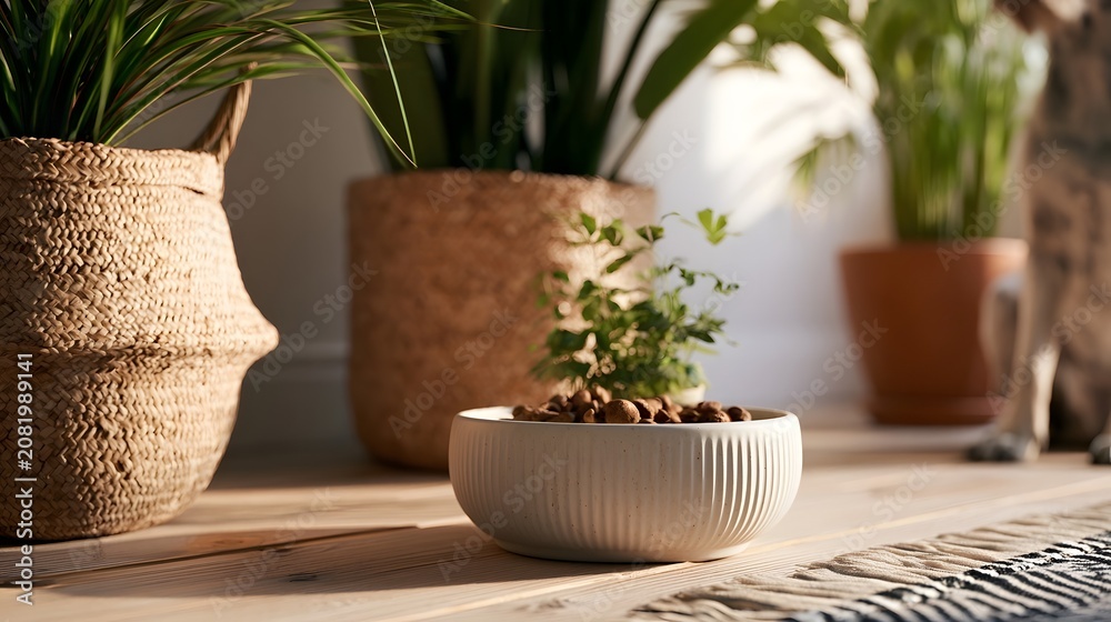 Fototapeta premium A ceramic bowl filled with kibble sits on a wooden floor beside woven planters and greenery under soft natural light