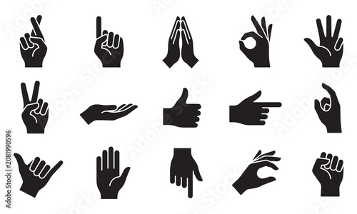 Black silhouette hand gestures and communication signs vector icons set