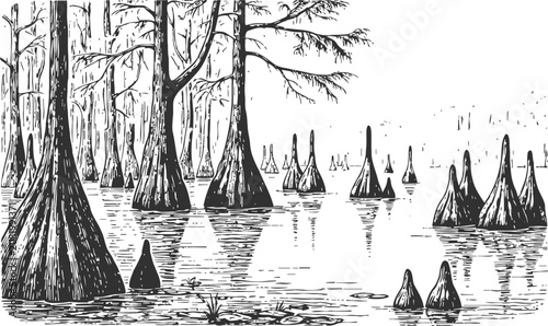 Swamp landscape with cypress trees black and white hand drawn wetland nature sketch illustration