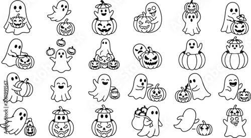 Halloween vector set black and white ghosts and pumpkins illustrations